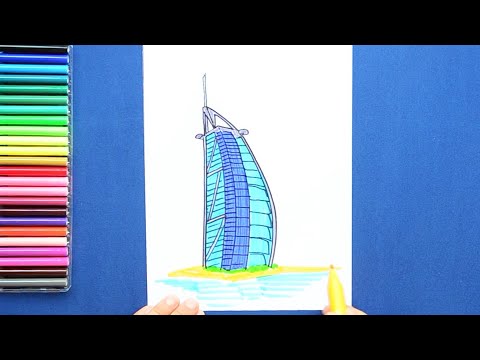 How to draw and color Hotel Burj Al Arab, UAE