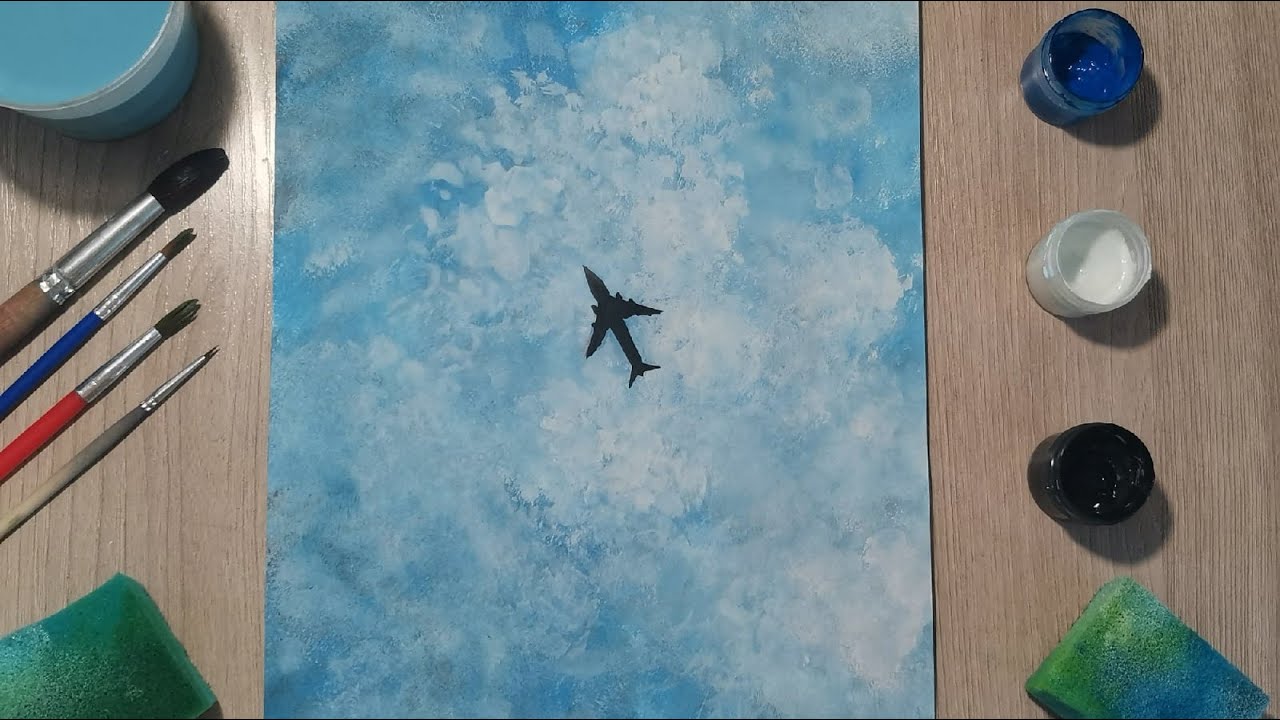 Самолет в небе. Техника рисования губкой! Простой рисунок гуашью