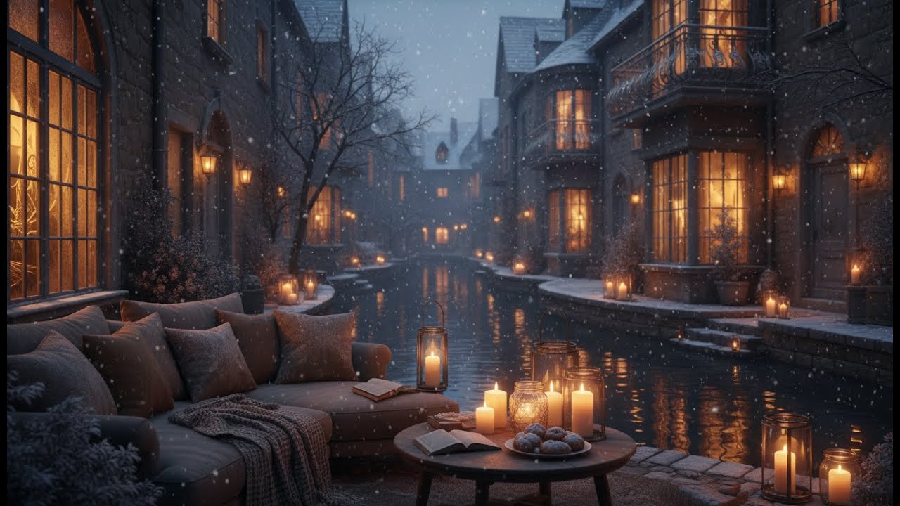 Cozy Winter Coffee Shop Jazz | Soft Vinyl Jazz Music with Snowfall & Candlelight