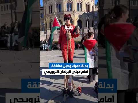 ببدلة حمراء وحبل مشنقة..احتجاج ناشطة أمام البرلمان النرويجي؛ تنديداً بقانون إعدام الأسرى الفلسطينيين