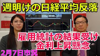 週明けの日経平均反落　雇用統計の結果受け金利上昇懸念（市況放送【毎日配信】）