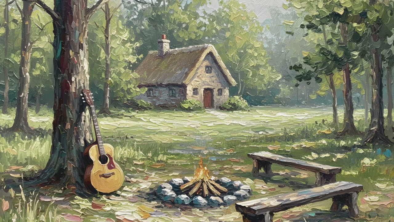 Garden Guitar Cottagecore Picnic TV Art UHD Silent Screensaver Wallpaper 2 Hours Painting Background