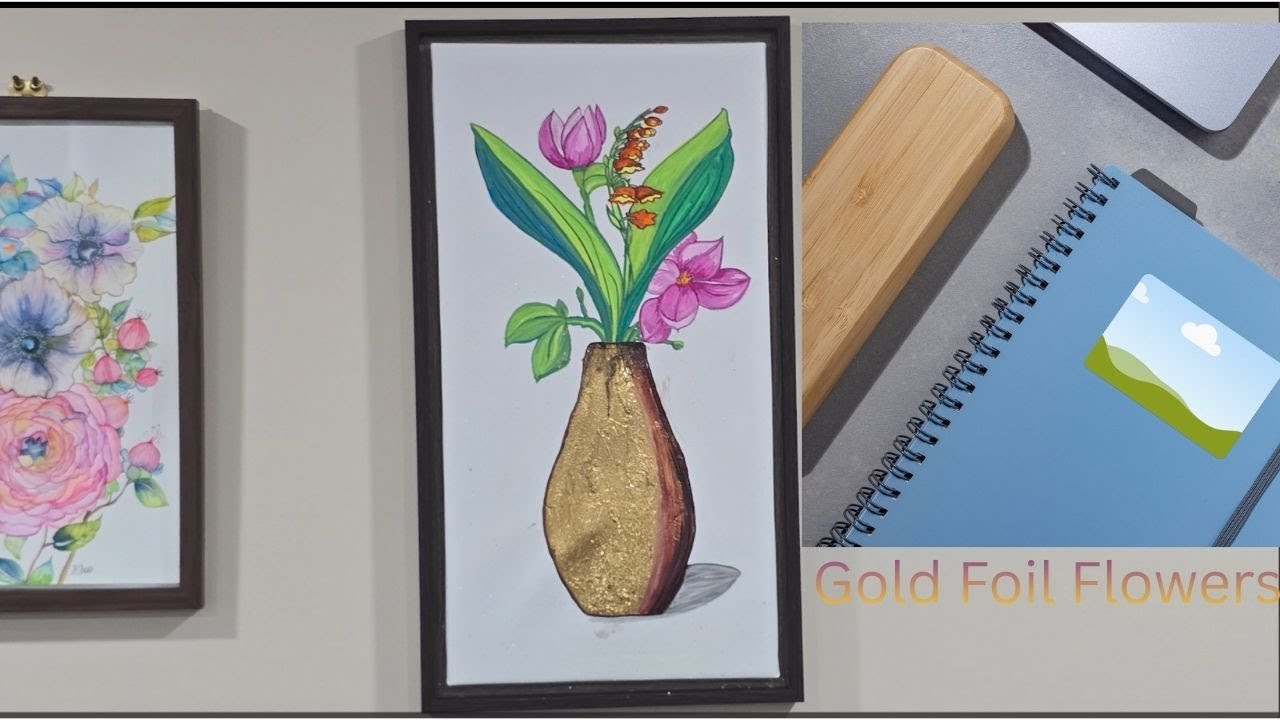 Floral Vase Painting with Gold Foil | Acrylic Pen Still Life Art
