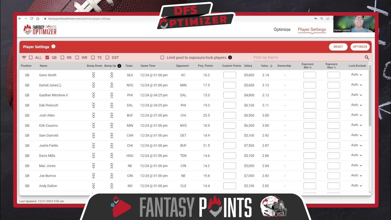NFL Daily Fantasy Optimizer Week 16 Lineup Look YouTube