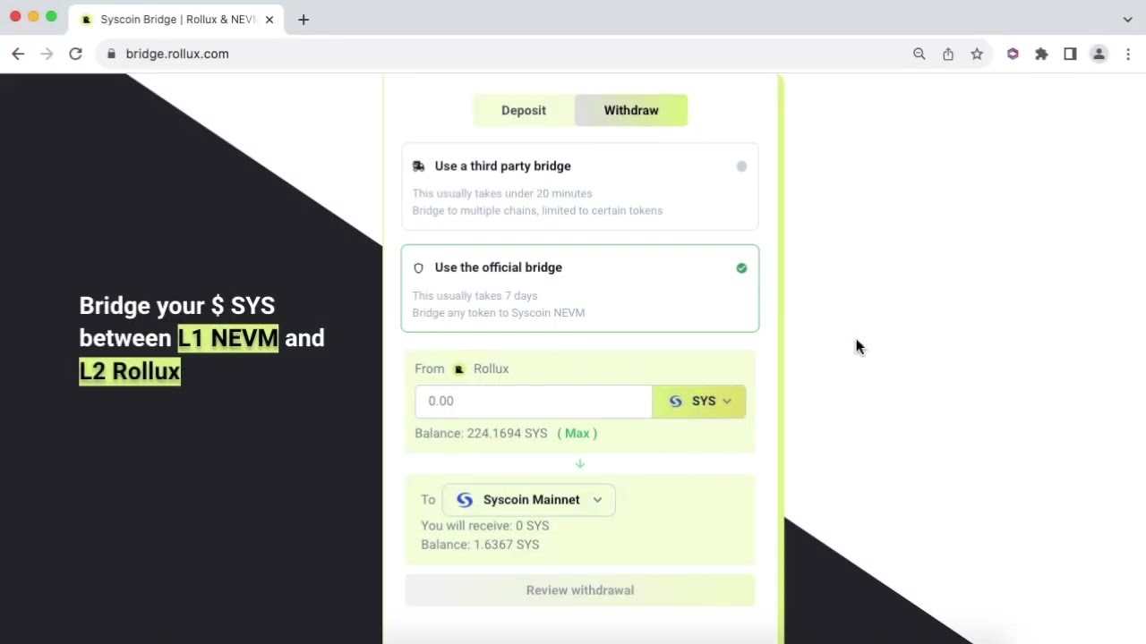 Tutorial: Move assets from Rollux to Syscoin with the Rollux Portal (Canonical Bridge)