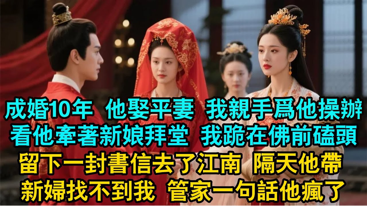 【一口氣看完】成婚10年他娶平妻 我親手爲他操辦。看他牽著新娘拜堂我跪在佛前磕头留下一封書信去了江南，隔天他帶新婦找不到我管家一句話他瘋了#小說 #古言 #爱情 #追妻火葬場 #爽文  #大女主逆襲