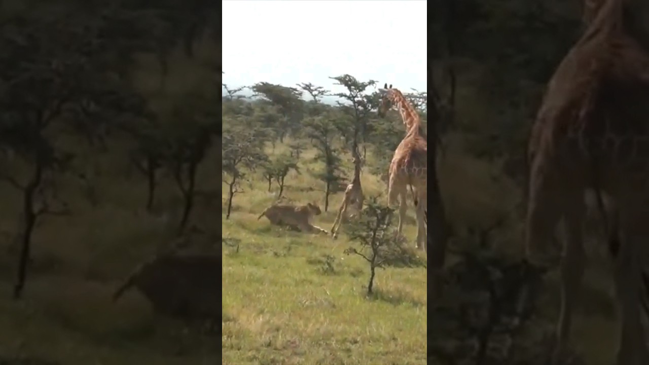 A ferocious lion trying to hunt down a baby giraffe | explain in tamil