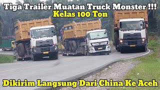 Three Trailer Trucks Loaded with Mining Monster Trucks from China and a Tail Fighting Truck on Frog