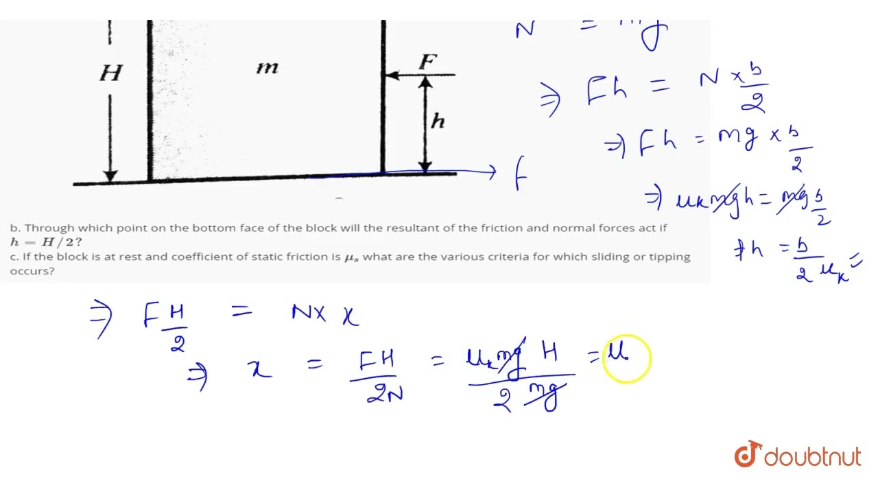 A horizontal force F is applied to a homogeneous rectangular block of mass m, width b and height...