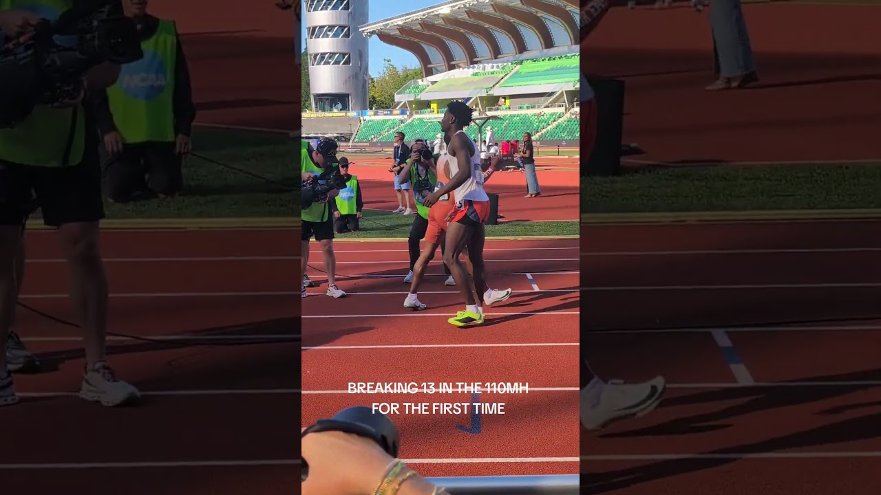 KENDRICK SMALLWOOD after his 12.95 (-0.2) (at 5'7" btw) takes the 110mH Silver at NCAA's