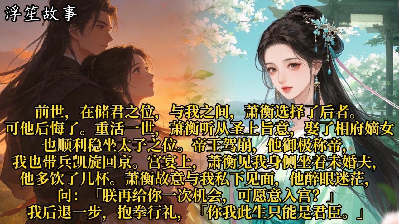 前世，在储君之位，与我之间，萧衡选择了后者。可他后悔了。重活一世，萧衡听从圣上旨意，娶了相府嫡女，也顺利稳坐太子之位。#重生 #大女主 #复仇 #宫廷 #夺权 #古风 #小说