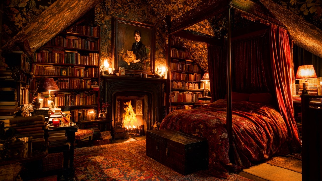 Cozy Bedroom Library by the Fireplace | Reading in Bed Ambience | For 8 Hours of the Deepest Sleep