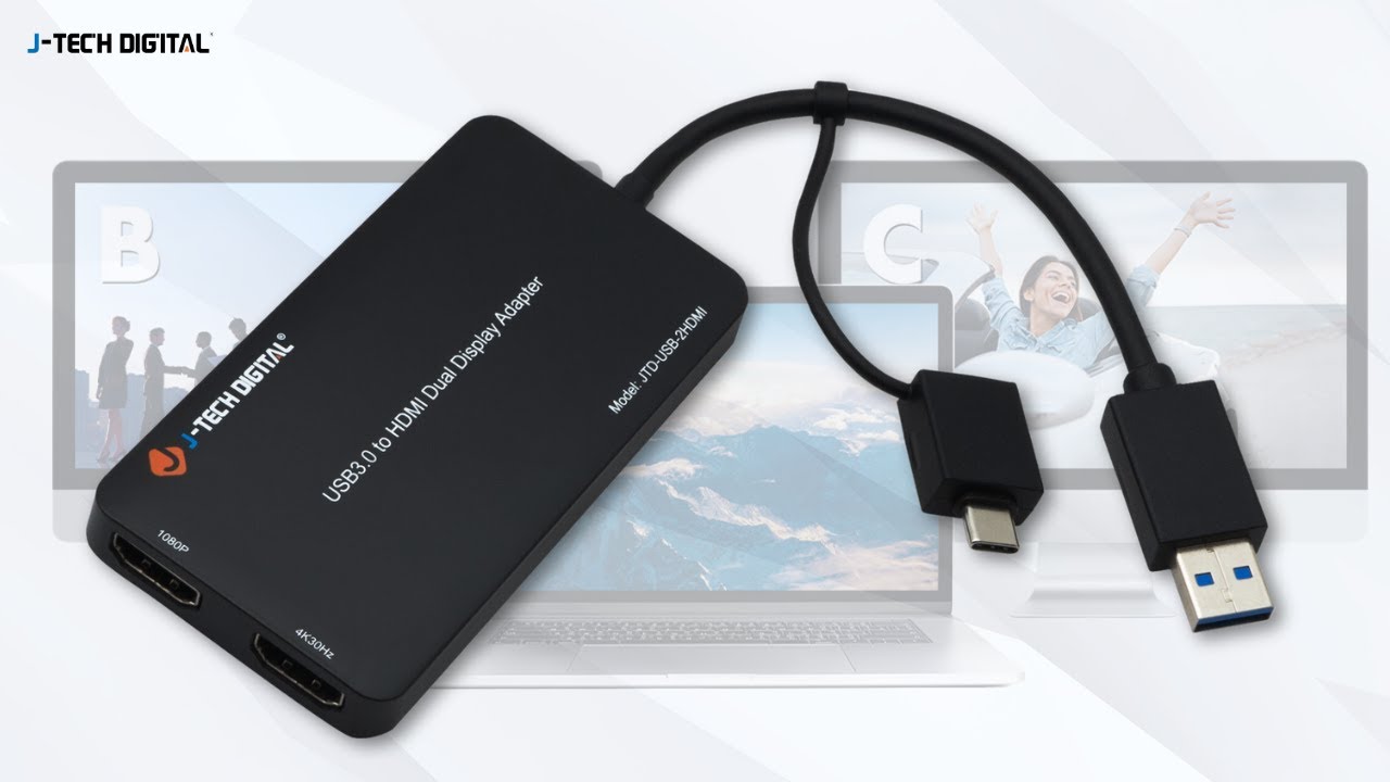 USB Type A/C to Dual HDMI 4K 30Hz & 1080P 60Hz Display Adapter | J-Tech Digital