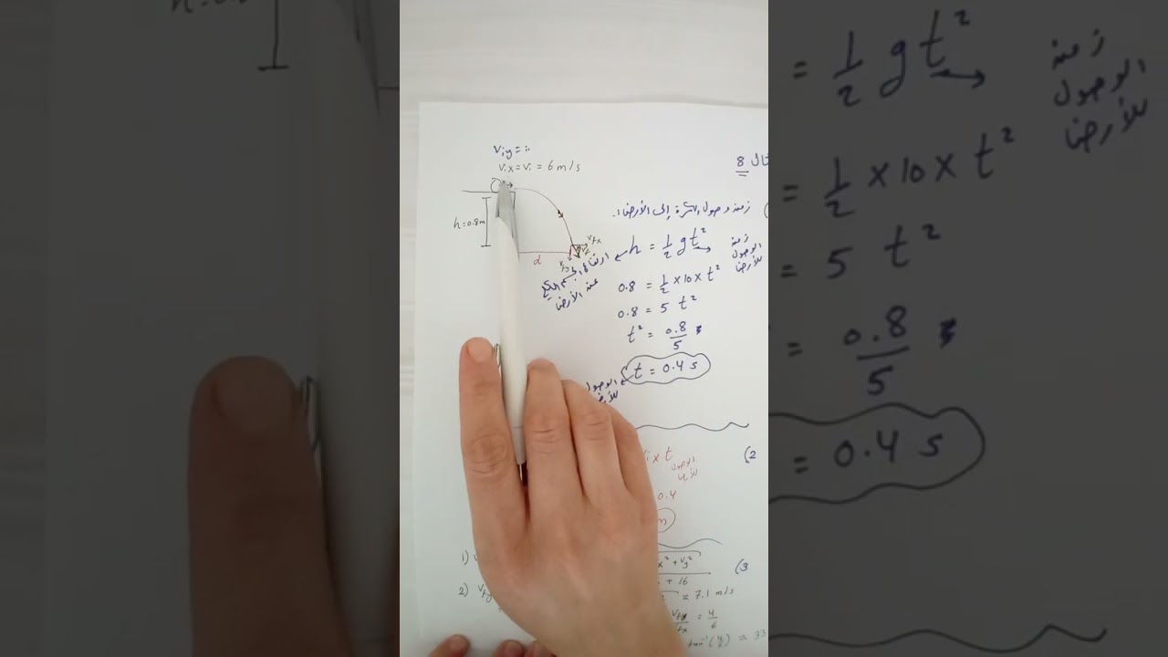 فيزياء الحادي عشر، شرح المقذوفات الأفقية، حل مثال 8 صفحة18، حل سؤال 9 صفحة 21