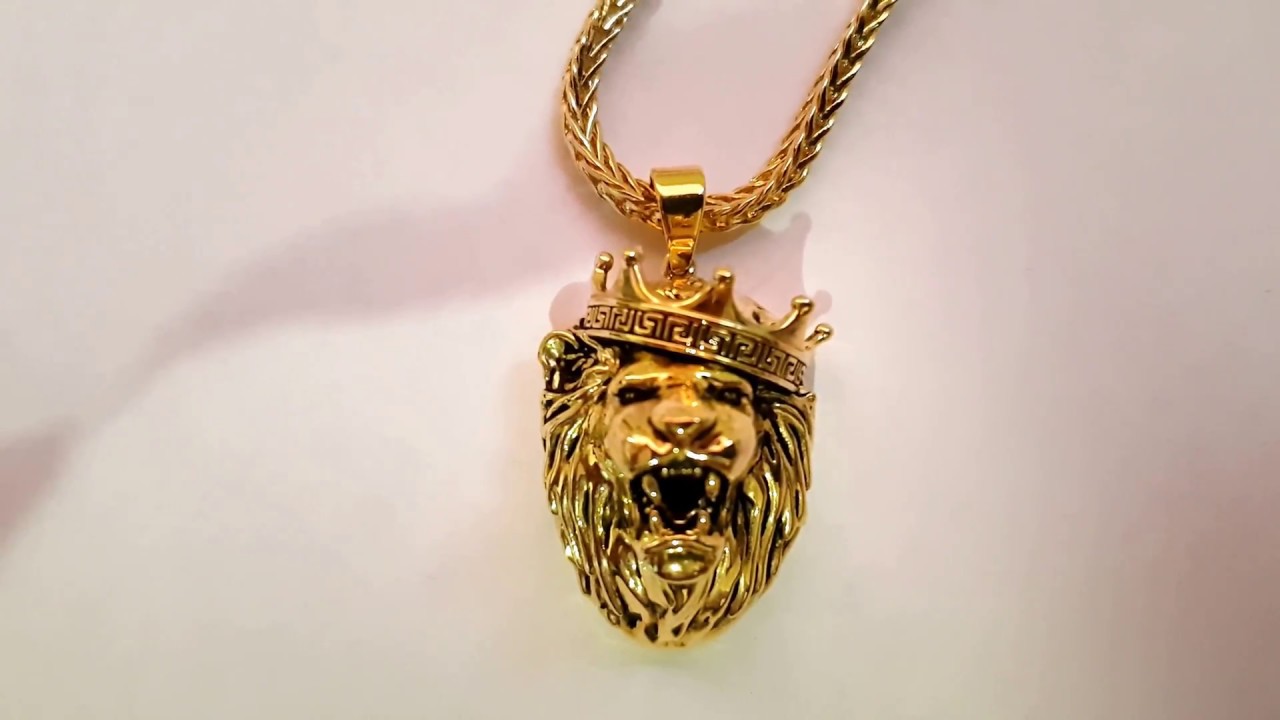 King Ice 14K Gold Solid Roaring Lion Necklace