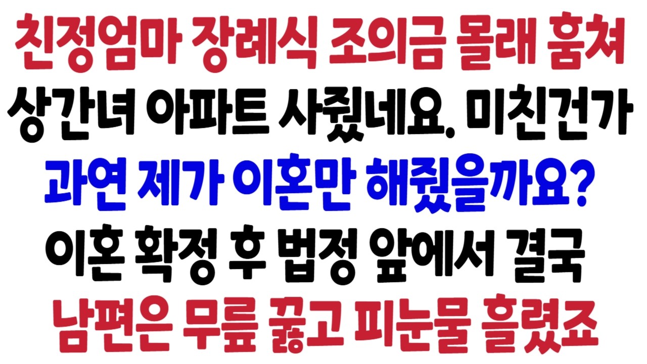 친정 엄마 장례식 조의금으로 상간녀 아파트 사준 남편, 미친건가? 제가 과연 이혼만 해주고 끝냈을 것 같나요? 결국 이혼 법정 앞에서 남편에게 지옥을 선물했습니다