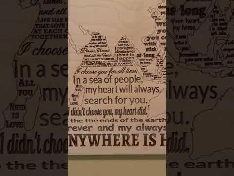 Laser cut and engrave Romantic world map with love quotes, 'With You, Anywhere is Home'