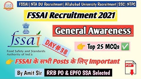 General Awareness | FSSAI Recruitment 2021 | Quiz- 38 | FSSAI Assistant Previous Year Questions