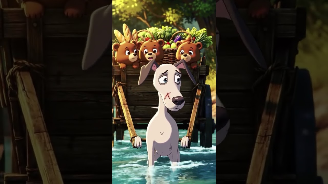 A dog is pushing a foods and bear cubs cart through shallow water. 