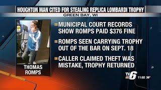 Municipal citation for theft issued against man who took replica Lombardi Trophy from Inside the...