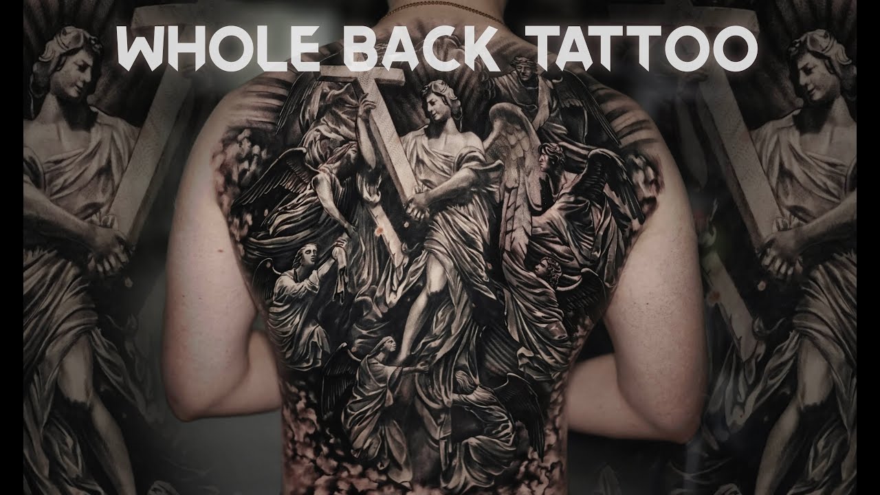 Immortal Inks The Final Tattoo Session of Angelic Statues in Black and
