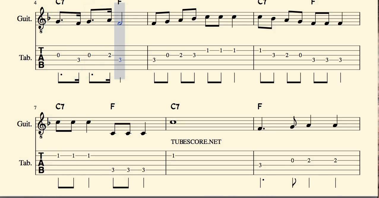 Alouette Tablatura y Partitura del Punteo de Guitarra en Fa M con