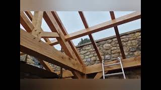 Oak framed garden kitchen, extension to garage, installation.