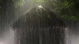 Sleep Instantly in Palm Tent Roof with Dense Heavy Rain \& Amazing Thunder in Foggy Forest at Night