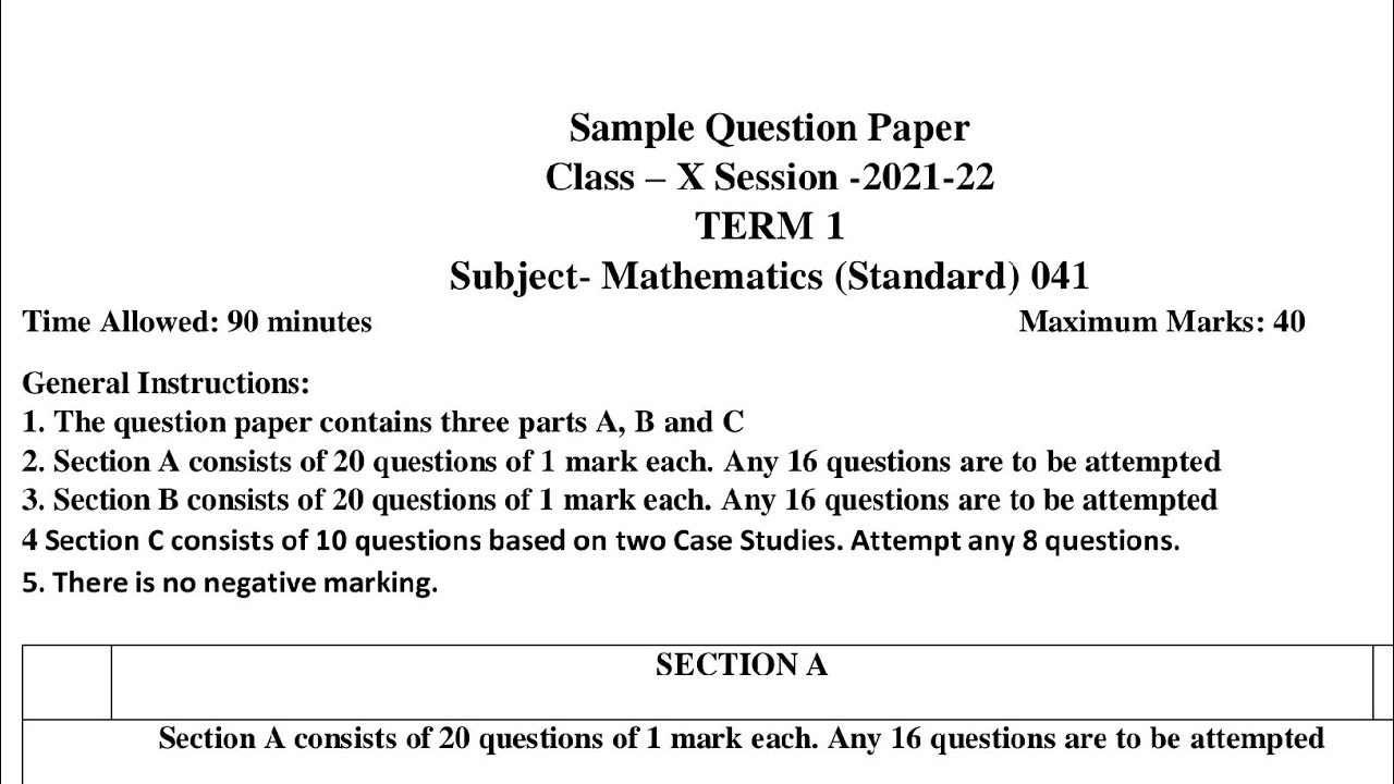 Sample papers. Mathematics Standard class 10. Maths paper.