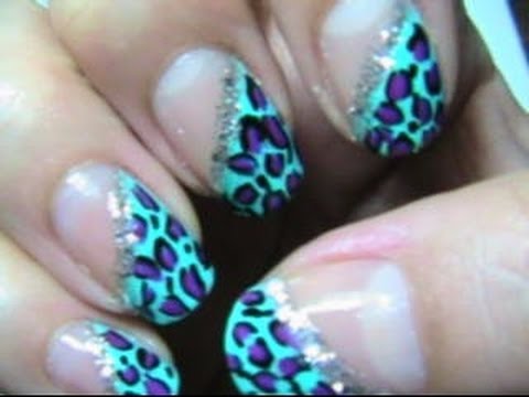 Teal and Purple cheetah nail design - YouTube
