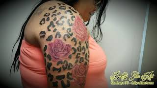 Gina's Coloured Flowers and Leopard Print Half Sleeve Tattoo