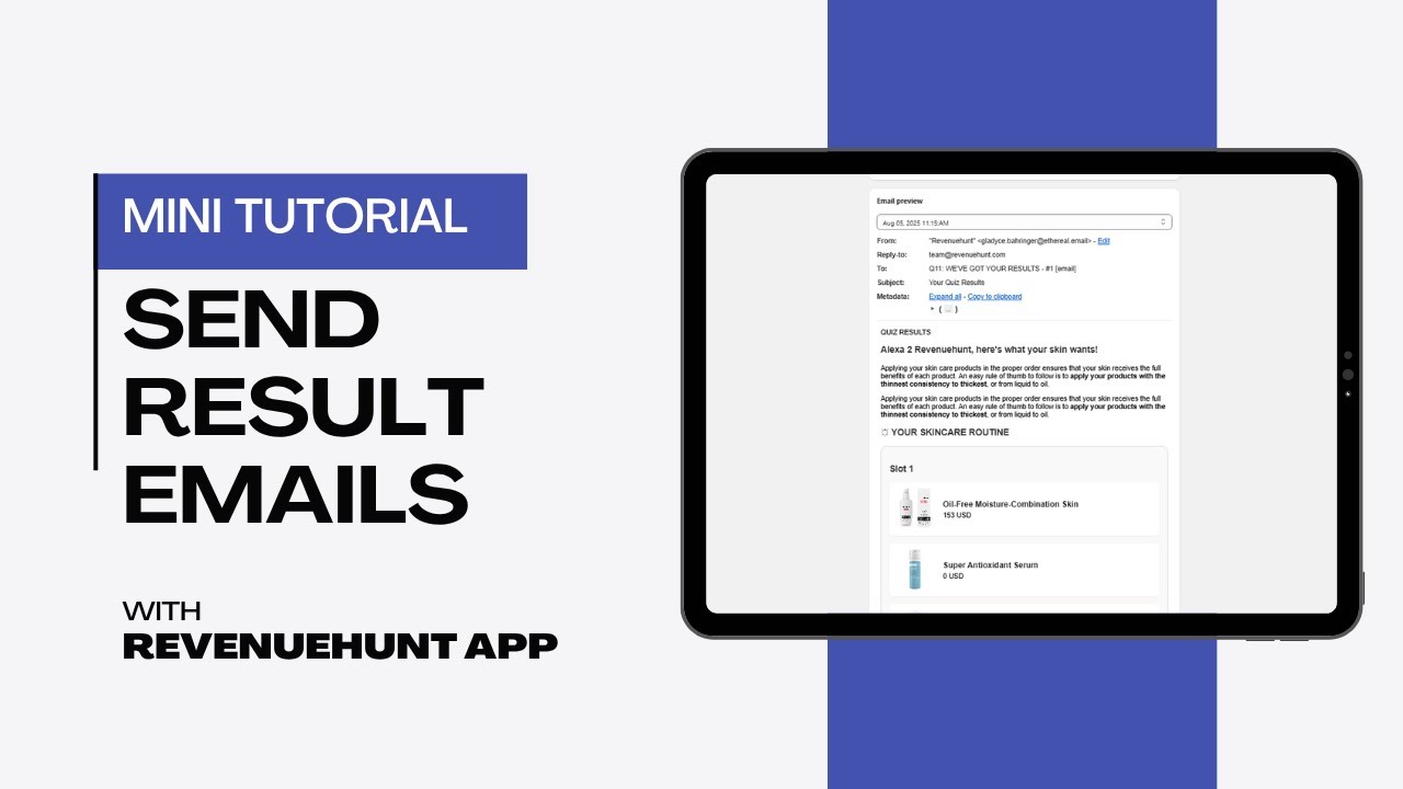 Setting up quiz results emails in the Built for Shopify version of RevenueHunt