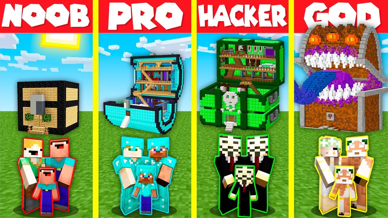Minecraft Battle: BASE INSIDE CHEST HOUSE BUILD CHALLENGE – NOOB vs PRO vs HACKER vs GOD / Animation
