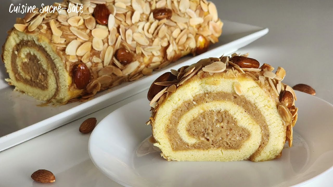 كيك رولي أو سويسرول راقي بكريمة اللوز – سهل التحضير وطعمه لذيذSoft & Fluffy Almond Cream Swiss Roll