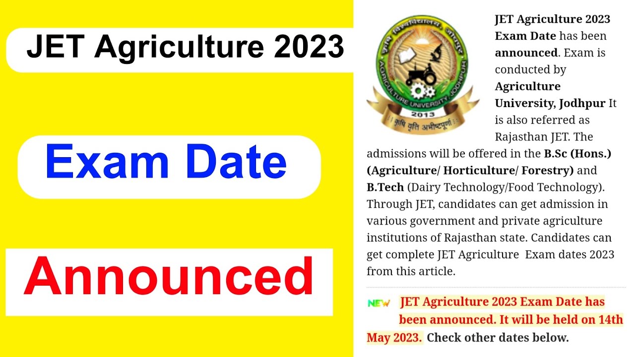 JET Agriculture 2023 Exam Date Announced | JET Agriculture Exam Date  Full Details | MDE