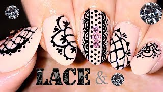 Black lace and pink Swarovski crystal nails