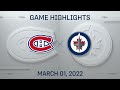 NHL Highlights | Canadiens vs. Jets - Mar. 1, 2022