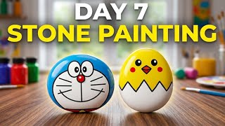 Day 7 Stone Painting | 3D Doraemon & Hatching Chick Rock Painting Tutorial | Easy DIY Craft