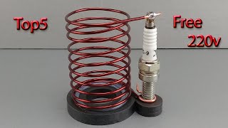 Top 5 Generator | How to Make 220v Free Electricity Energy At Home Using Spark Plug 100%