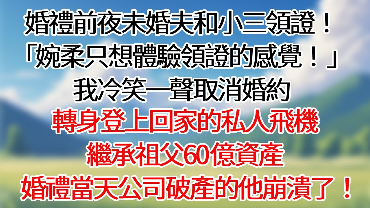 婚禮前夜未婚夫和小三領證！「婉柔只想體驗領證的感覺！」，我冷笑一聲取消婚約。轉身登上回家的私人飛機，繼承祖父60億資產，婚禮當天公司破產的他崩潰了！#情感故事#小説#為人處世#家庭故事 #爽文
