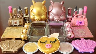 Mixing”GoldPig VS PinkPig” Eyeshadow and Makeup,parts Into Slime!Satisfying Slime Video!★ASMR★