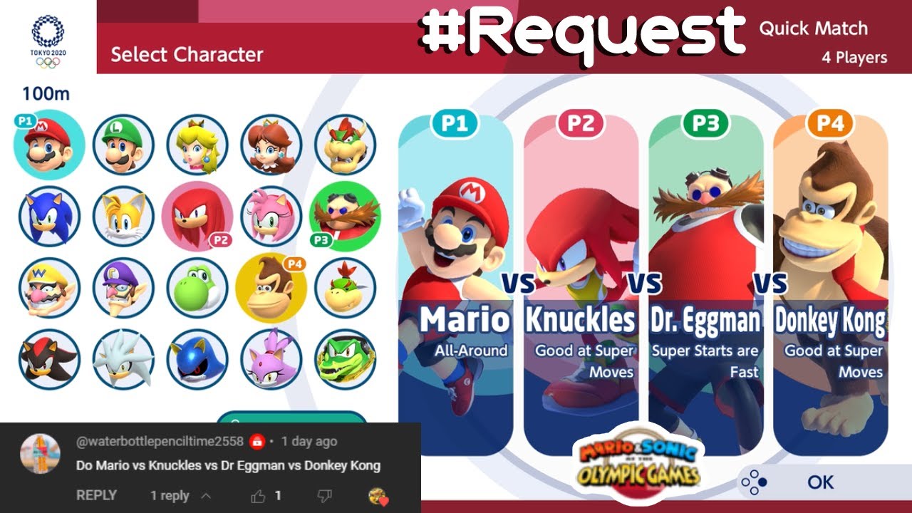 MARIO AND SONIC AT TOKYO 2020 : Gameplay (4 Players) Mario VS Knuckles VS Dr.Eggman VS Donkey Kong