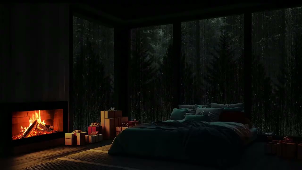 Rainy Night Wrapped in Cozy Fireplace Ambience and Gentle Rain Sounds