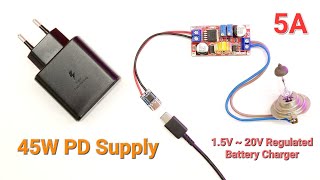 DIY 20V Regulated Power Supply or Battery Charger using Type C PD decoy PCB with 45W Samsung Charger