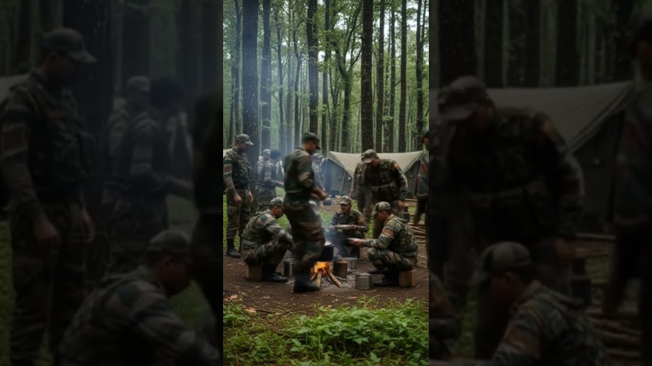 Indian army cocking food in forest camping 