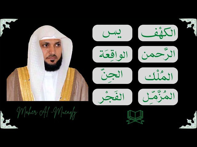 || Maher Al  Mueaqly || Kahf + Yaseen + Rahman + Waqiah + Mulk + Jinn + Muzzammil + Fajr || class=
