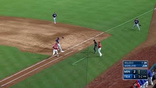 MIN@TEX: Mauer plays deflection to throw Moreland out