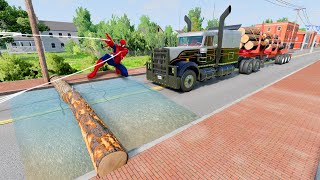 Cars vs Logs on the Road ▶️ Spiderman BeamNG Drive