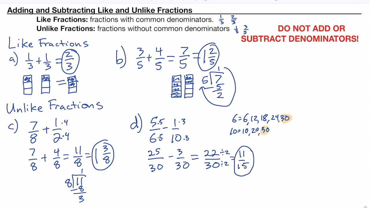 Adding and Subtracting Like and Unlike Fractions (Fractions with and without Common Denominators)
