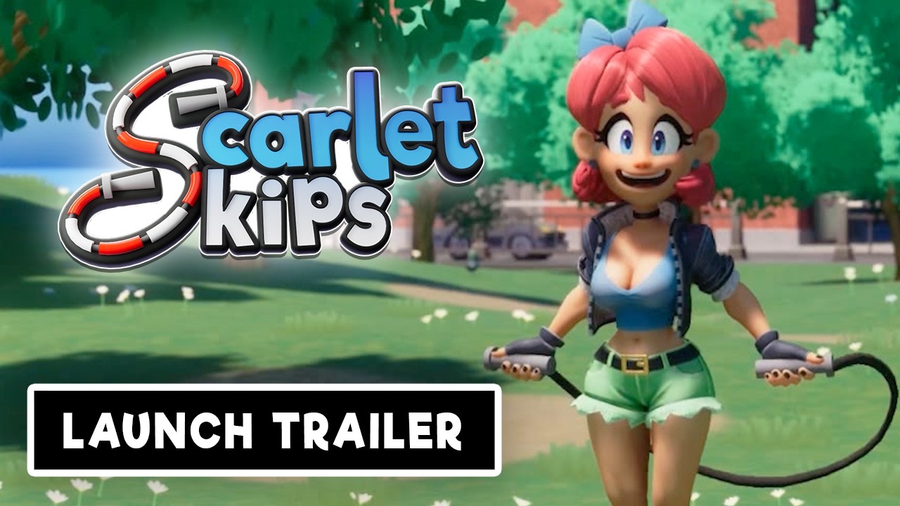 Scarlet holding a jump rope in a sunny park with Scarlet Skips Launch Trailer title card